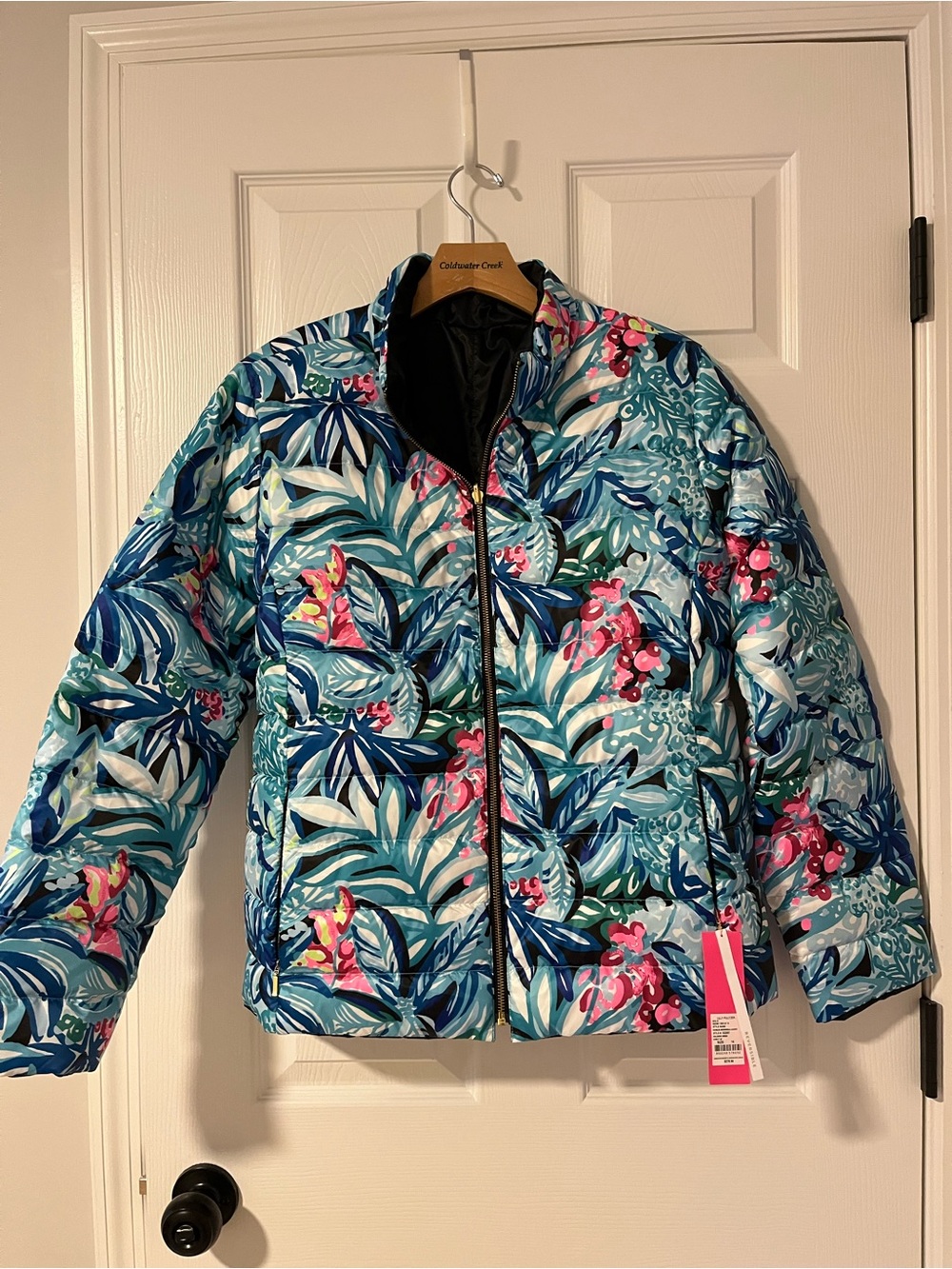 Lilly Pulitzer Reversible Floral Puffer Jacket in Aqua, Navy & Pink